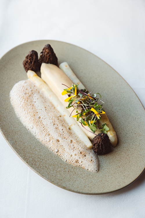 Glazed dover sole, white asparagus, stuffed morels and sauce of morels